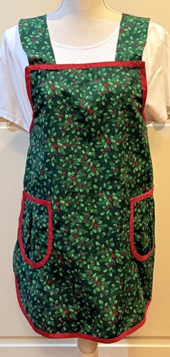 Vintage Handarbeit Erwachsene Latzschürze Weihnachten Stechpalme & Beeren mit Taschen - Bild 1 von 4