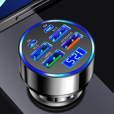 6-in-1 Multi-Port Car Charger with Voltage Detection, 2PD 3USB QC3.0 Black