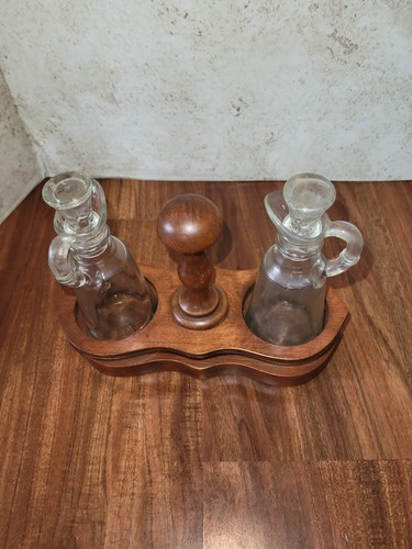 Vintage MCM glass cruet set Teak Wood Danish - Picture 2 of 6