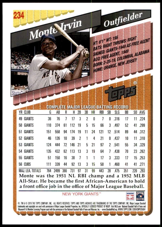 Monte Irvin 2019 Topps Archives 5x7 Gold #234 6/10 NY Giants - Image 2 of 2