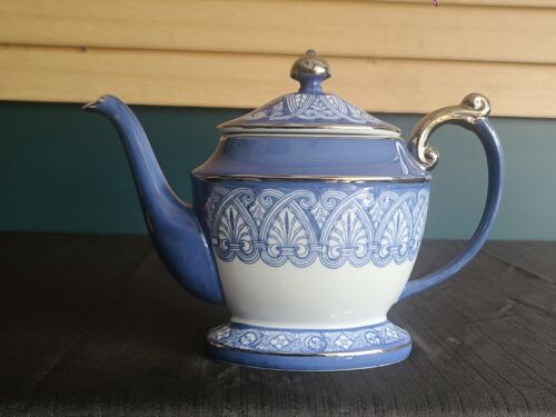 Vintage Bombay Company blau & weiß Fliese 8 Zoll hohe Teekanne & Deckel Platin Zierleiste EUC - Bild 2 von 21