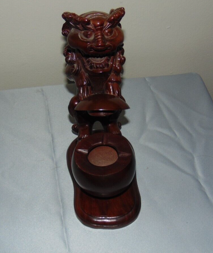 Chinese Foo Dog Lion Figurine with Ashtray Wood Cinnabar Color - Picture 2 of 6