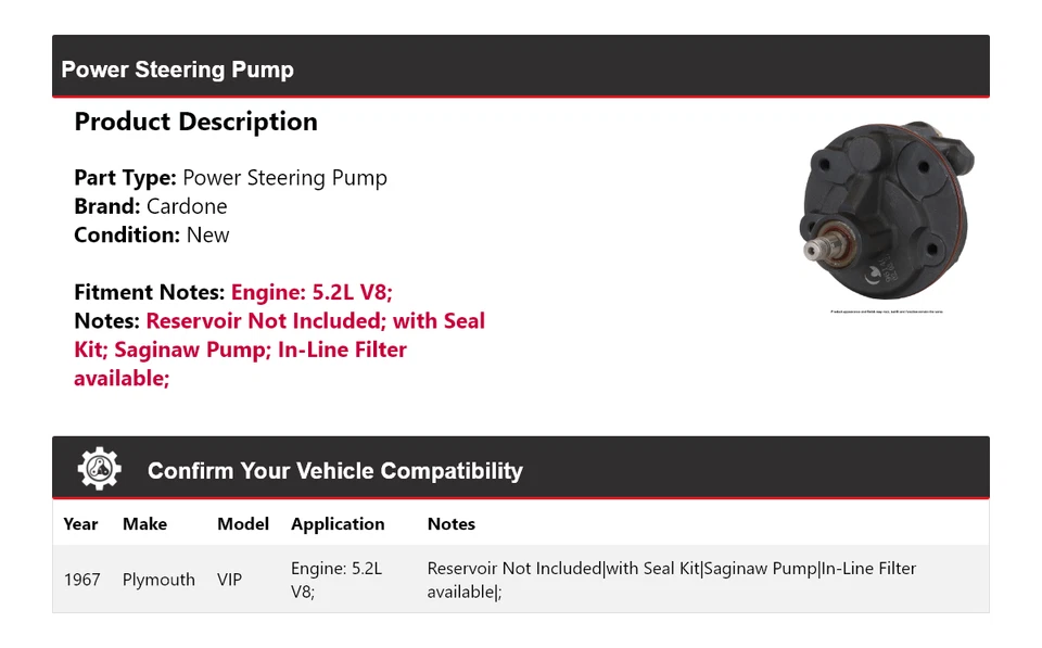 For 1967 Plymouth VIP 5.2L V8 Power Steering Pump Cardone - Image 2 of 4