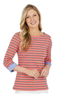 Nautica Womens Medium Shirt Pink Stripe Navy White Boat Neck 3/4 Cuffed Sleeves