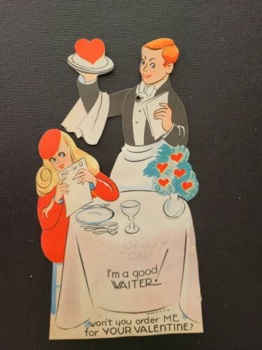 Vtg Valentine Greeting Card Diecut Mechanical Lady Man Waiter Fancy Dinner 30s  - Picture 1 of 3