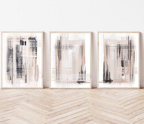 Acrylfarbe Abstrakte Kunstdrucke schwarz beige cremegrau Pinselstriche 3er Set - Bild 12 von 17