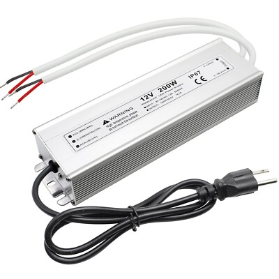 200W 12 Volt LED Power Supply, Waterproof IP67 Driver 110V AC 12V