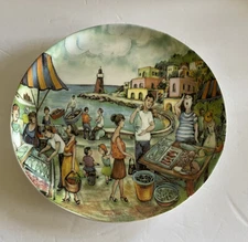 11" Effetti d' Arte Italy Plate Fish Market Scene Colorful Lighthouse 