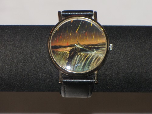 Mens Watch Gold Plated Black Genuine Leather Band Hell Fire Comet Water Fall - Picture 4 of 24