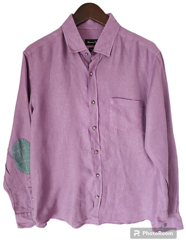Massimo Dutti Men Button Front Long Sleeve Size L Purple Linen Elbow Pads - Picture 5 of 6