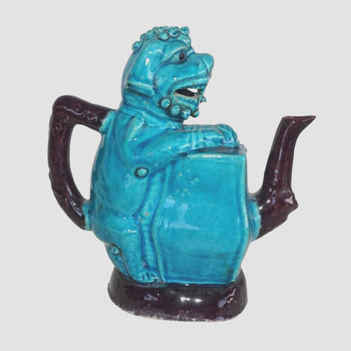 Antique Chinese Monochrome Glaze Foo Dog Teapot– Turquoise & Aubergine (TuR-F22) - Picture 2 of 7