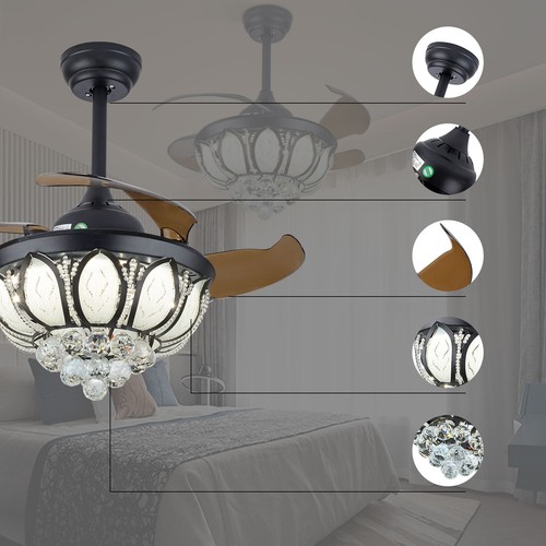 Modern Invisible Ceiling Fan Light Dimmable Lamp W/Remote LED Crystal Chandelier - Picture 16 of 19