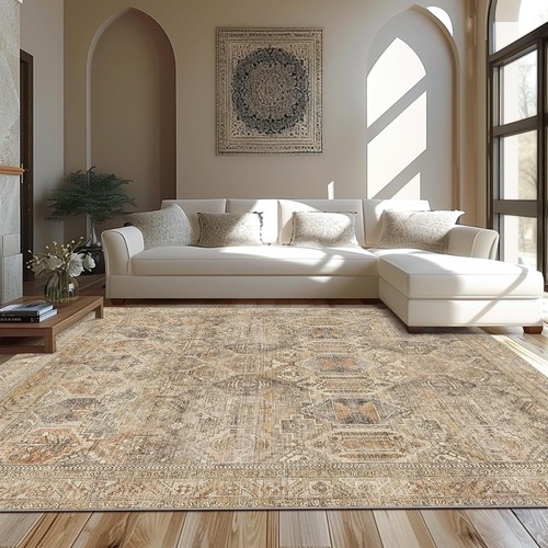 Area Rug 5X7 Machine Washable Vintage Distressed Print Ultra-Thin Chenille Ha... - Picture 1 of 7