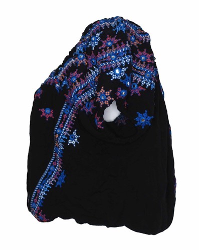 FREE PEOPLE S Aurora Top Black Blue Embroidered Blouson Puff Sleeve Square Neck - Picture 5 of 8