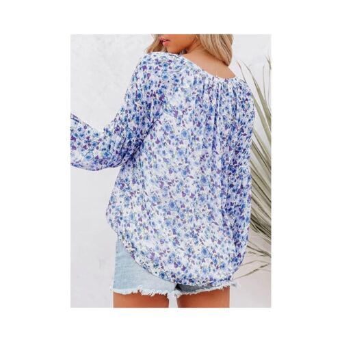 Blusa donna casual boho blu stampa floreale scollo V manica lunga ampia taglia M - Foto 3 di 5