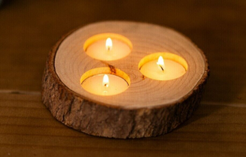 Porte-bougie bougie sarcelle écorce ronde en bois décoration maison bûche gratuite 3 lampes sarcelles cadeau - Photo 1/24