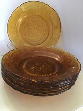 Set Of 6 Amber Glass Embossed Floral Pasta Lunch Salad Plates/Bowls 9" Mint
