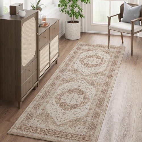 Distressed Floral Medallion Runner Rug 2x6 - Non-Slip, Stain-Resistant Comfort - Picture 3 of 9