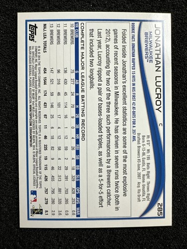 Jonathan Lucroy #285 2014 Topps Béisbol Cantidad Milwaukee Brewers - Imagen 2 de 2