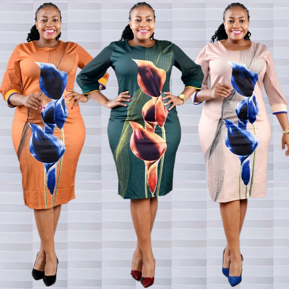 Plus Size Women Dress Office Wear Bodycon Floral Casual Zipper Crew Neck  Dress | eBay