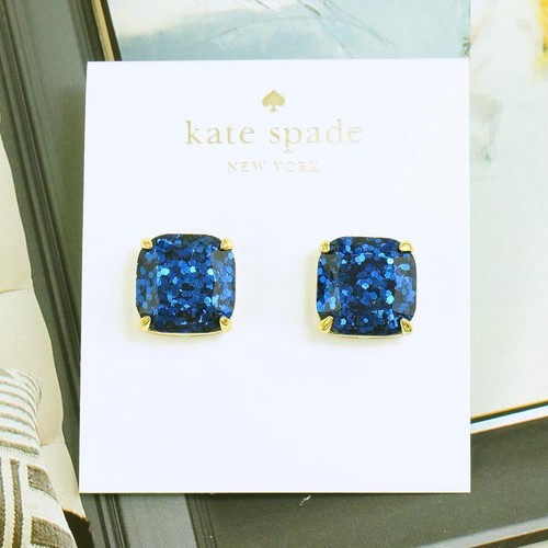 NWT KATE SPADE GLITTER SQUARE STUD EARRINGS $38 NAVY BLUE - Imagen 2 de 5