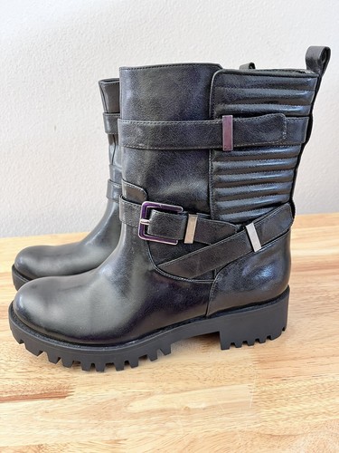 Nine West Booties Women Size 8M Motorcycle Boots Black Straps Buckle Block Zip - Picture 2 of 9