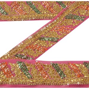 Sanskriti Vintage Pink Sari Border Hand Beaded Indian Craft Trim Sewing Lace