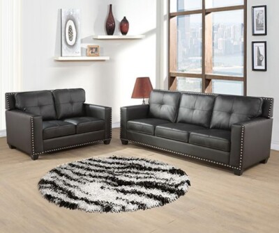 NEW 2PC Black Sofa Loveseat Leather Gel Contemporary Modern Living Room Set | eBay