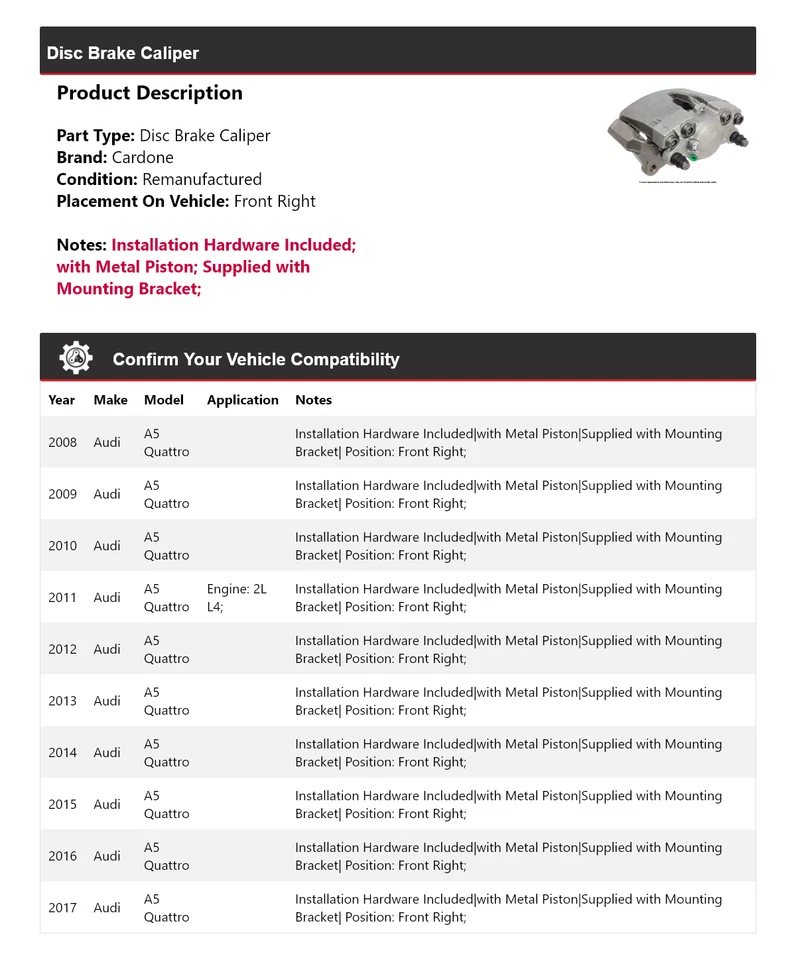 Pinza de freno de disco delantera derecha cardone 2009 2010 para Audi A5 Quattro 2008-2017 Foto 2 de 4