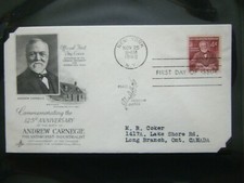 US ANNIVERSARY OF BIRTH OF ANDREW CARNEGIE-1960 NEW YORK NY TO CANADA 4CENT FDC 