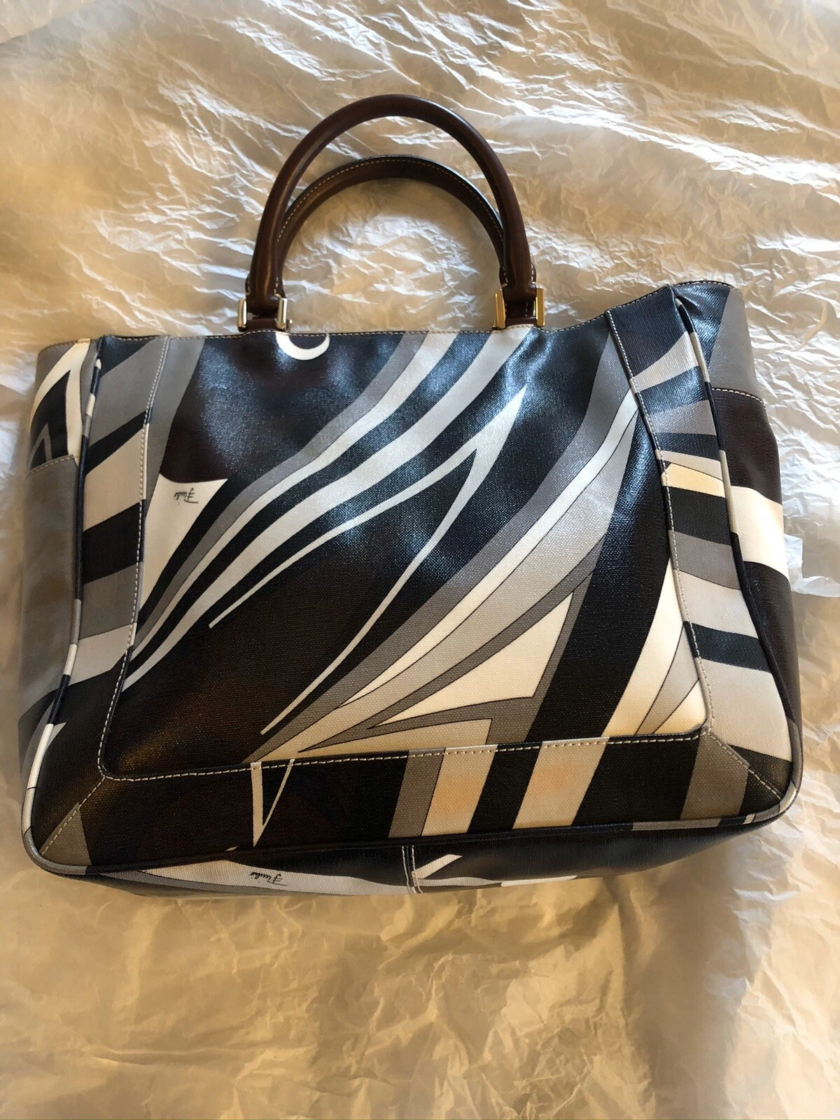 GENUINE EMILIO PUCCI LOGO SIGNATURE MONOTONE & LEATHER TRIM LARGE TOTE HANDBAG