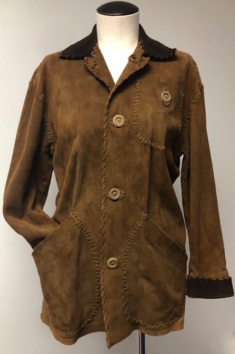 RUSTY DORR AMAZING WESTERN ARTISAN BROWN SUEDE JACKET BUTTON FRONT & CUFFS SZ S - Picture 1 of 10