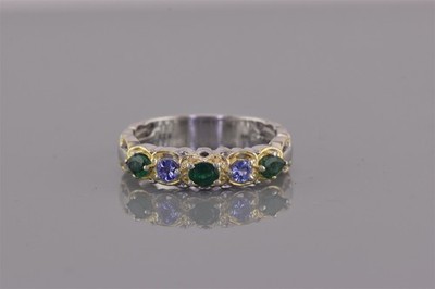 Michael Valitutti Two Tone Sterling Silver Emerald Tanzanite Band Ring 925 Sz: 9