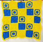 Vintage small yellow blue granny square afghan lap baby crib pet blanket 32"