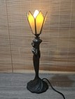 Vintage Bronze Effect Art Deco Style Lamp C 1970s Lady Stained Glass Shade Works