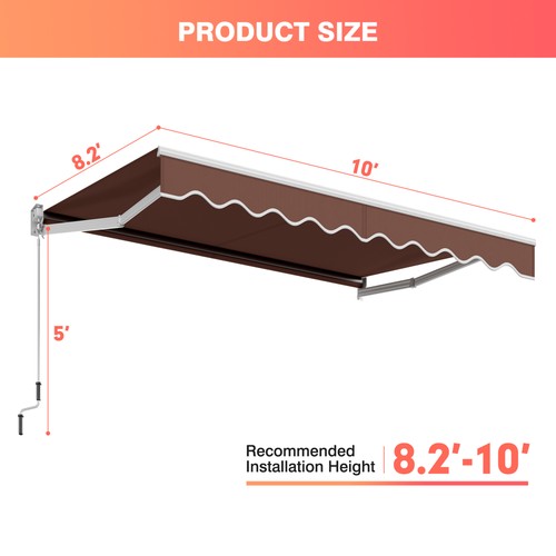 10' x 8.2' Retractable Awning Sunshade Shelter Manual Crank Handle Coffee - Picture 2 of 9