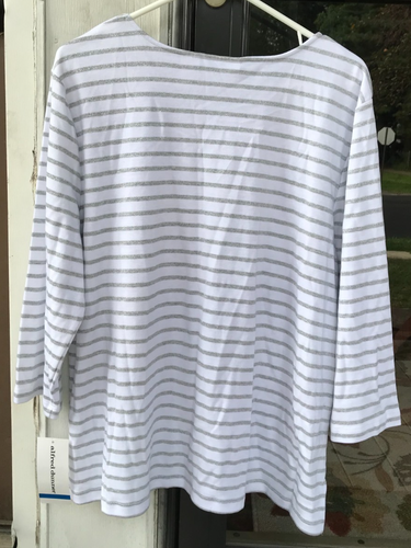 Alfred Dunner XL White Metallic Gray Stripe 3/4 Sleeve Top Embroidered Floral D - Picture 9 of 11