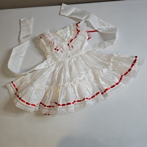 Vintage Vollkreis Kleid Mädchen rot & weiß Rüschen Spitze Schleifen Größe 12-24 Monate - Bild 2 von 12