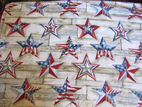 AMERICA Vintage RED WHITE BLUE STARS On WOOD PLANKS 1990's COTTON Fabric - 2 yd - Picture 2 of 2