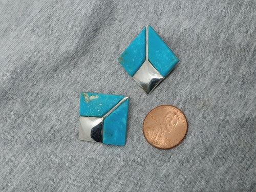 Vtg Turquoise 925 Sterling Silver Square Clip On Earrings .8" - Picture 3 of 11