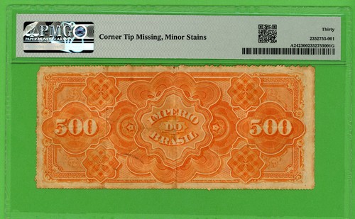 BRAZIL 500 REIS ( 1874 ) PICK # A242 PMG 30 VERY FINE - Picture 4 of 6