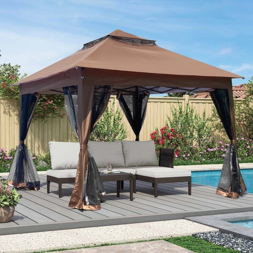 Outdoor 11x11 Pop Up Gazebo Canopy Tent with Zipper Netting and Sandbags Brown