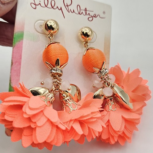 NEW Lilly Pulitzer “Full Bloom” Orange Fabric Flower Earrings Gold Tone Post - Bild 5 von 7
