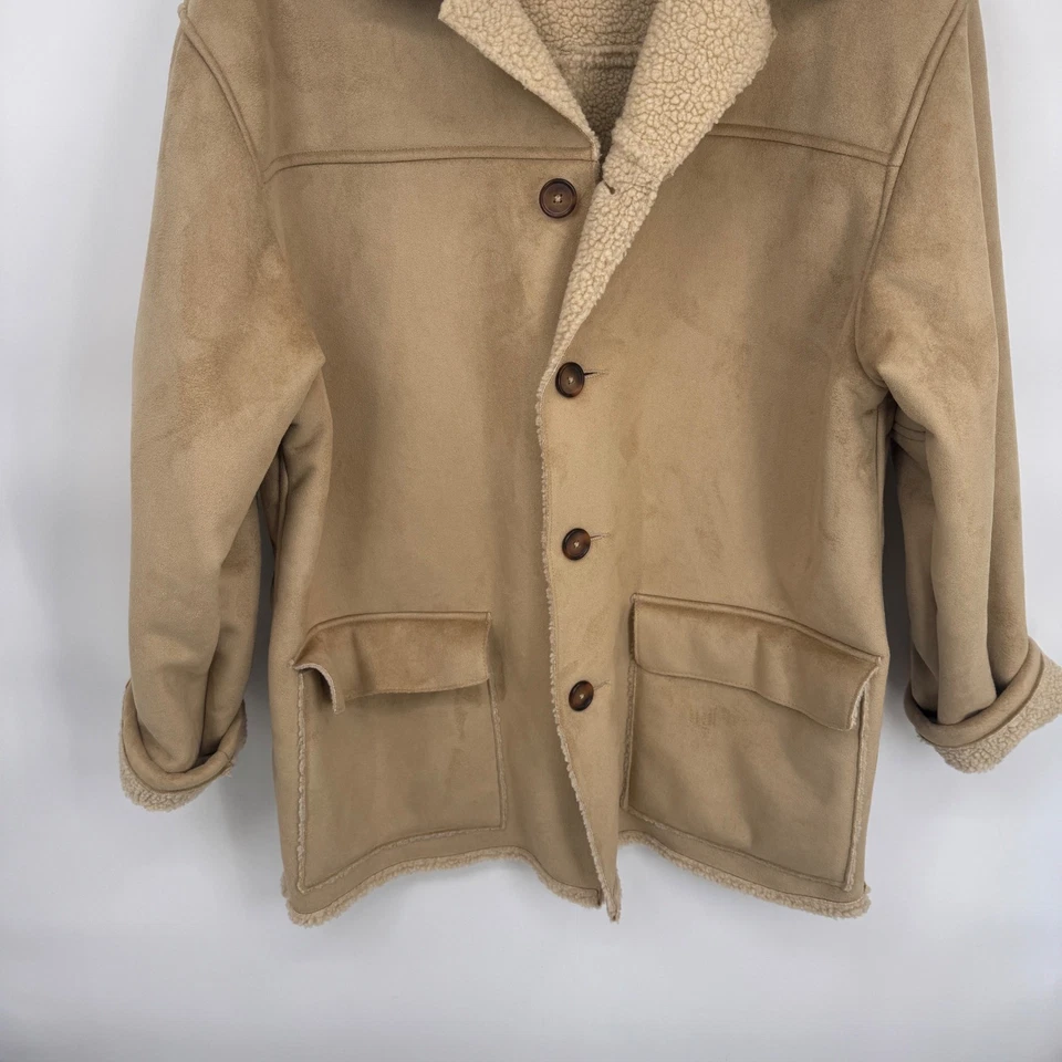 Vintage Old Navy Mens Faux Suede Coat Mens Large Brown Sherpa Lined Pockets - Image 3 of 4
