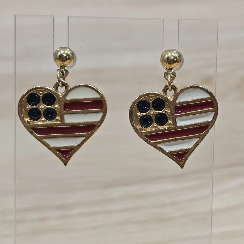 Pendientes perforados vintage tono dorado rojo blanco esmalte corazón bandera EE. UU. patrióticos de EE. UU. Foto 3 de 4