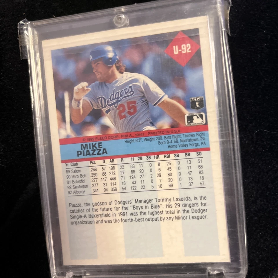 Tarjeta de novato Mike Piazza 1992 Fleer MLB béisbol rara como nueva de la corte Dodgers Mets Foto 2 de 2