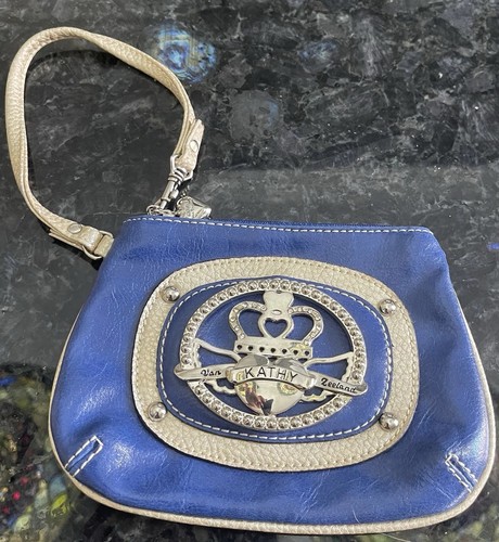 Vtg Y2K Kathy van Zeeland Blue & Metallic Champagne Wristlet Crown Logo NWOT - Picture 1 of 17