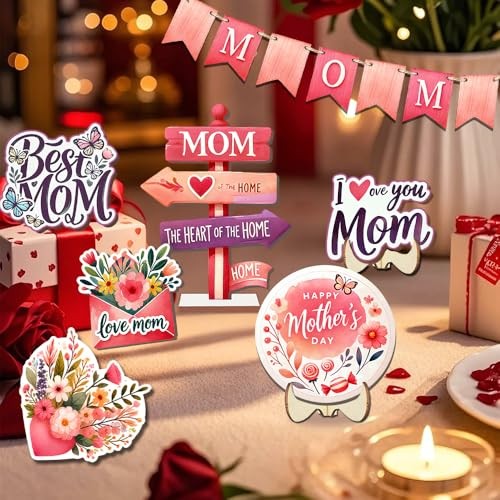21 Pcs Mother’s Day Table Decor Set - Happy Mothers Day Wooden Sign, Pink - Picture 2 of 8