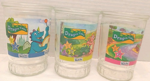 Lot of 3 1990's Vintage Dragon Tales Welch’s Jelly Jam 4” Jar Juice Glasses - Picture 1 of 9