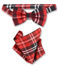 Vesuvio Napoli BowTie Black Red White Plaid Design Mens Bow Tie and Handkerchief